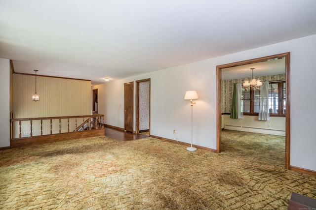 62 Eddy Ln, Newington, CT 06111 - carpeted empty room featuring a baseboard radiator and a chandelier