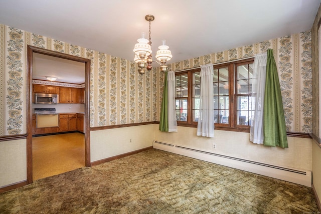 62 Eddy Ln, Newington, CT 06111 - unfurnished dining area with baseboard heating, wallpapered walls, a chandelier, and carpet floors