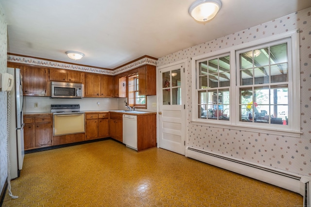 62 Eddy Ln, Newington, CT 06111 - kitchen with stainless steel microwave, range with electric cooktop, a baseboard heating unit, wallpapered walls, and white dishwasher