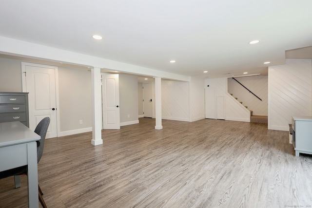 3743 Park Ave, Fairfield, CT 06825 - finished below grade area with light wood-style floors, stairway, and recessed lighting