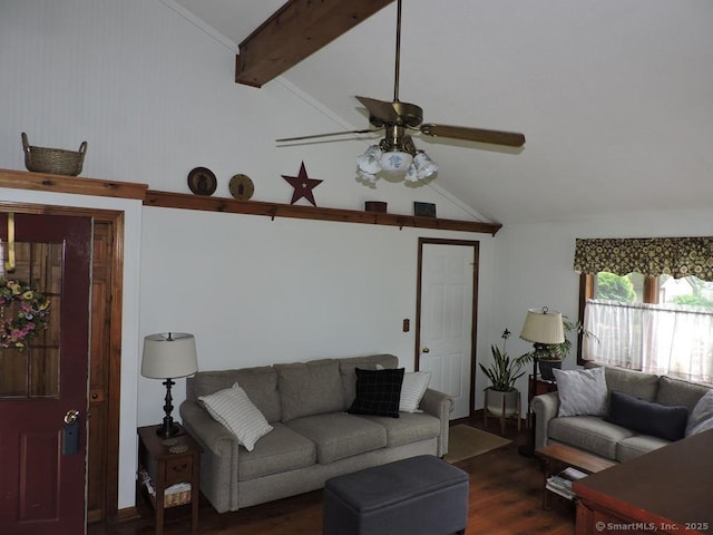 14 Cartier Rd, Enfield, CT 06082 - living room with dark wood finished floors, beamed ceiling, a ceiling fan, and high vaulted ceiling