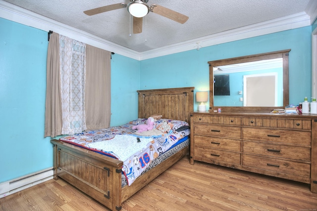 121 Lexington Ave Unit 21, New Haven, CT 06513 - bedroom featuring baseboard heating, light wood-type flooring, crown molding, a textured ceiling, and a ceiling fan