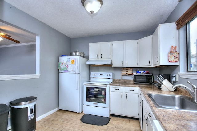 121 Lexington Ave Unit 21, New Haven, CT 06513 - kitchen with white appliances, a textured ceiling, light wood finished floors, white cabinets, and ceiling fan
