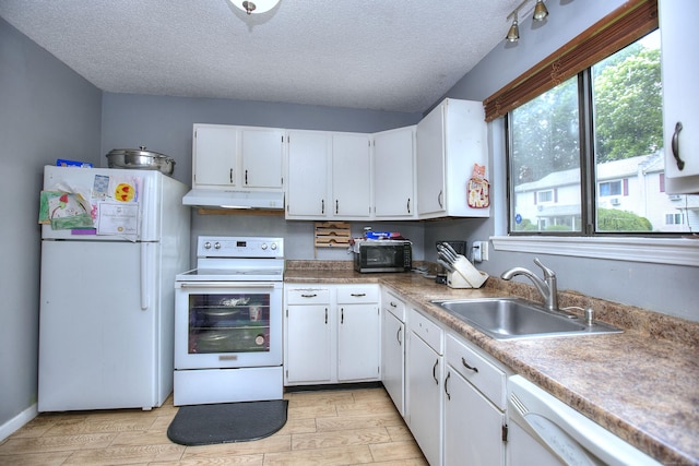 121 Lexington Ave Unit 21, New Haven, CT 06513 - kitchen with white appliances, under cabinet range hood, white cabinets, a textured ceiling, and wood finish floors
