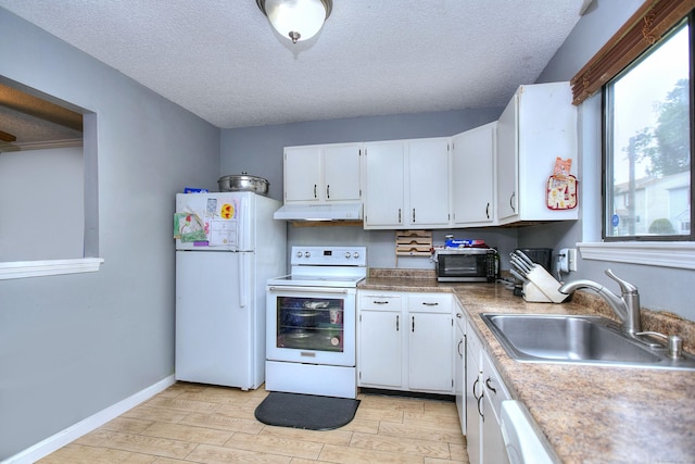 121 Lexington Ave Unit 21, New Haven, CT 06513 - kitchen featuring white appliances, under cabinet range hood, light wood-style floors, white cabinetry, and a textured ceiling