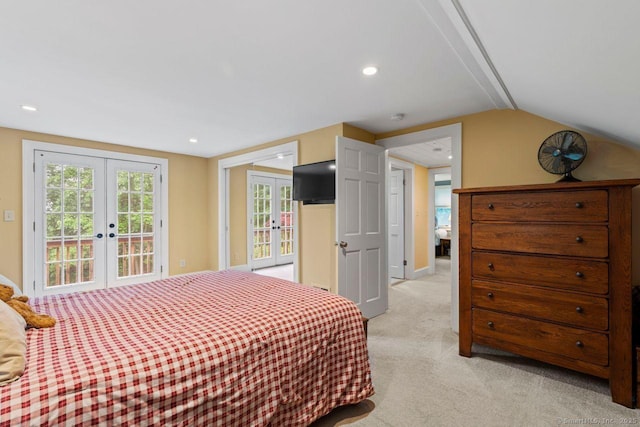 160 Disbrow St, Stratford, CT 06614 - bedroom with french doors, access to exterior, light carpet, lofted ceiling, and recessed lighting