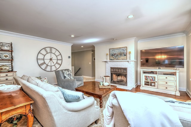 690 Forest Rd Unit 394, West Haven, CT 06516 - living room featuring crown molding, a brick fireplace, wood finished floors, and recessed lighting