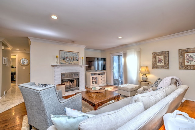 690 Forest Rd Unit 394, West Haven, CT 06516 - living room featuring crown molding, a brick fireplace, and recessed lighting