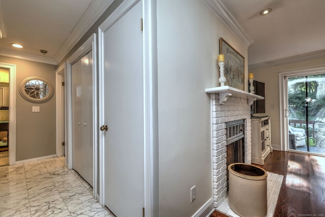 690 Forest Rd Unit 394, West Haven, CT 06516 - hallway featuring ornamental molding, recessed lighting, and light marble finish floors