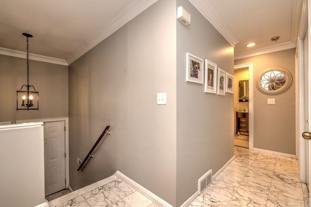690 Forest Rd Unit 394, West Haven, CT 06516 - hall featuring an upstairs landing, light marble finish floors, recessed lighting, ornamental molding, and a chandelier