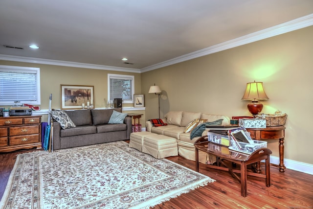 690 Forest Rd Unit 394, West Haven, CT 06516 - living room with ornamental molding, dark wood-style flooring, and recessed lighting