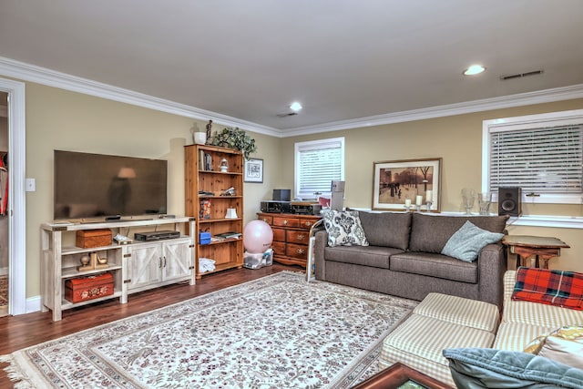 690 Forest Rd Unit 394, West Haven, CT 06516 - living area with dark wood finished floors, crown molding, and recessed lighting