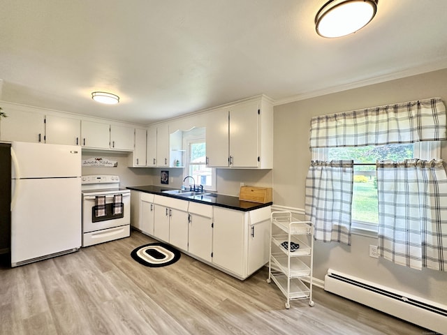 462 Halfway House Rd, Windsor Locks, CT 06096 - kitchen featuring white appliances, a baseboard radiator, light wood-style floors, dark countertops, and ornamental molding