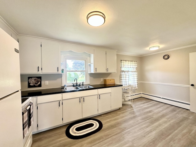 462 Halfway House Rd, Windsor Locks, CT 06096 - kitchen featuring white appliances, ornamental molding, dark countertops, white cabinetry, and light wood-type flooring