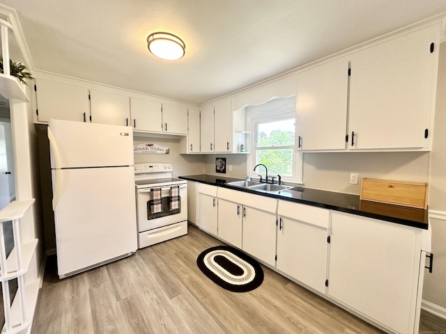 462 Halfway House Rd, Windsor Locks, CT 06096 - kitchen featuring white appliances, light wood finished floors, white cabinetry, and dark countertops
