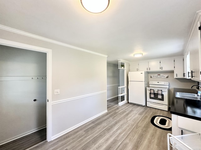 462 Halfway House Rd, Windsor Locks, CT 06096 - kitchen with white appliances, light wood-style flooring, white cabinets, ornamental molding, and dark countertops