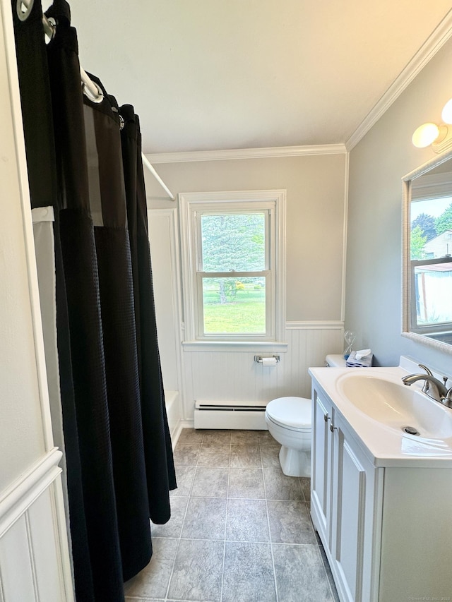 462 Halfway House Rd, Windsor Locks, CT 06096 - bathroom with baseboard heating, healthy amount of natural light, vanity, a wainscoted wall, and crown molding