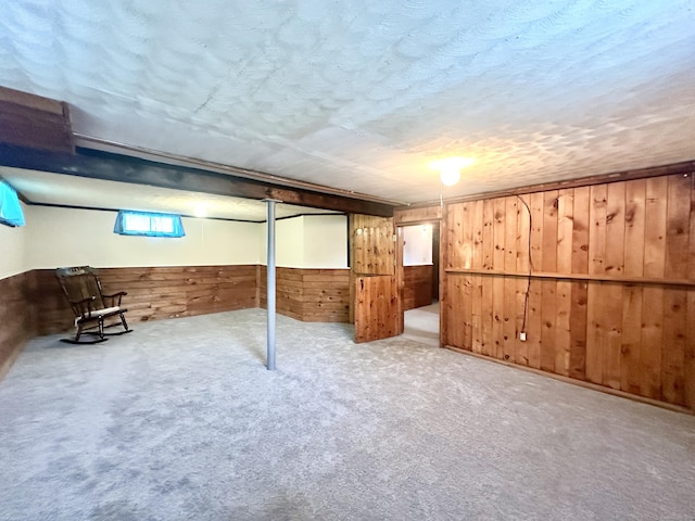 462 Halfway House Rd, Windsor Locks, CT 06096 - basement featuring wood walls, carpet floors, and a textured ceiling