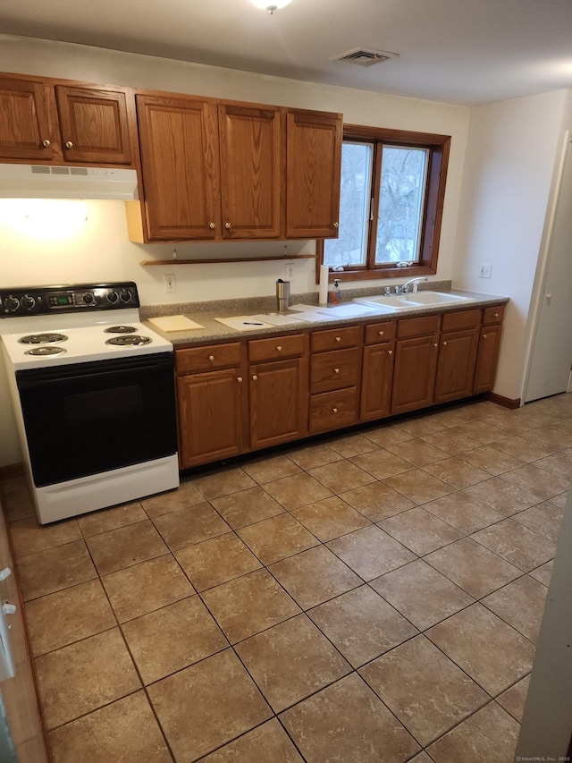 18 Hunters Ave, Norwich, CT 06380 - kitchen with electric range, under cabinet range hood, light tile patterned floors, and brown cabinets