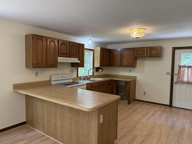 394 Merrow Rd, Coventry, CT 06238 - kitchen featuring under cabinet range hood, electric stove, a peninsula, light wood finished floors, and light countertops