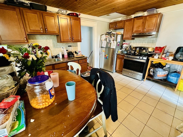 182 Oak St, Waterbury, CT 06704 - kitchen with appliances with stainless steel finishes, wooden ceiling, under cabinet range hood, light tile patterned flooring, and tasteful backsplash