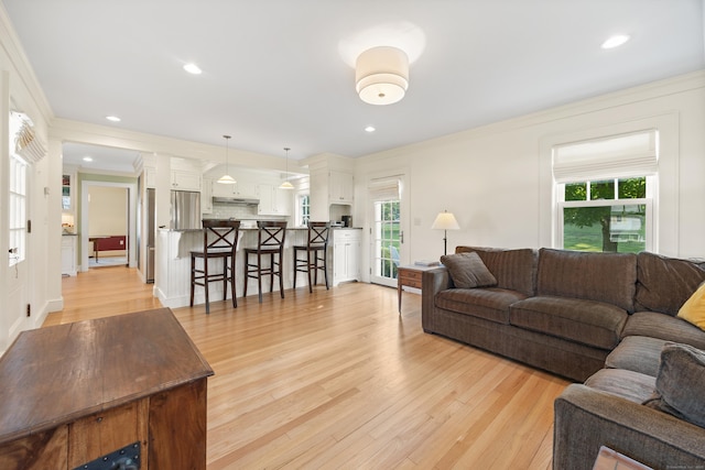 22 Spring Rd, North Haven, CT 06473 - living area featuring ornamental molding, light wood-type flooring, and recessed lighting