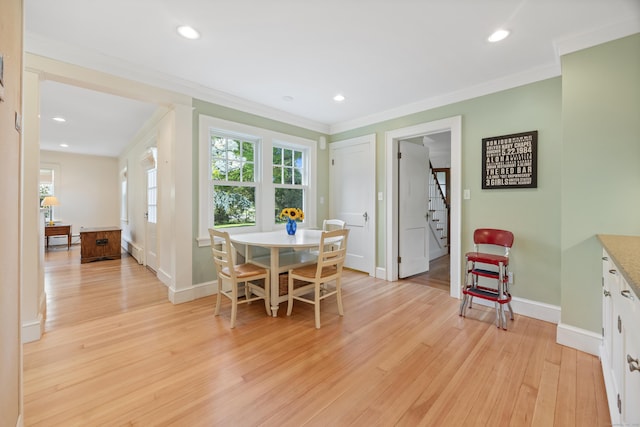 22 Spring Rd, North Haven, CT 06473 - dining space with light wood finished floors, stairs, plenty of natural light, ornamental molding, and recessed lighting