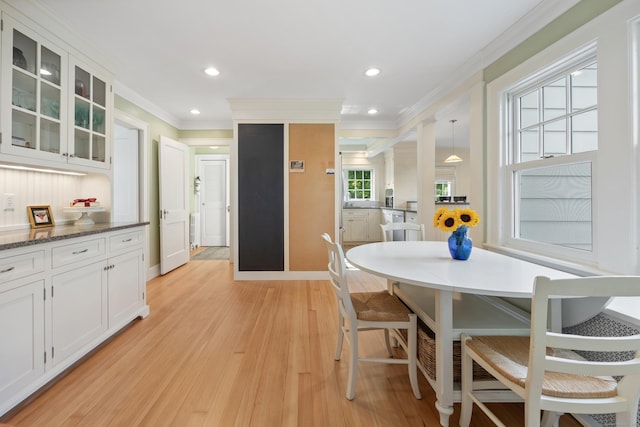 22 Spring Rd, North Haven, CT 06473 - dining space with crown molding, light wood-type flooring, and recessed lighting