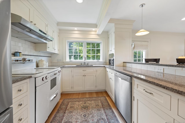 22 Spring Rd, North Haven, CT 06473 - kitchen featuring appliances with stainless steel finishes, under cabinet range hood, plenty of natural light, crown molding, and light wood-type flooring
