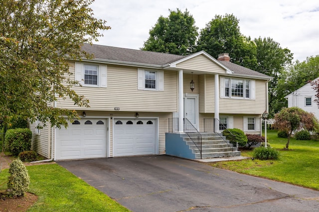 100 Chestnut Rd, Newington, CT 06111 - split foyer home featuring an attached garage, asphalt driveway, a front yard, a chimney, and roof with shingles