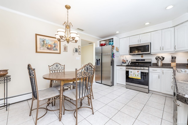 100 Chestnut Rd, Newington, CT 06111 - kitchen with appliances with stainless steel finishes, crown molding, white cabinetry, a chandelier, and decorative light fixtures