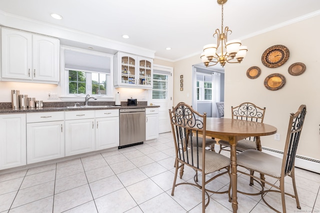 100 Chestnut Rd, Newington, CT 06111 - kitchen with stainless steel dishwasher, crown molding, glass insert cabinets, a chandelier, and white cabinets