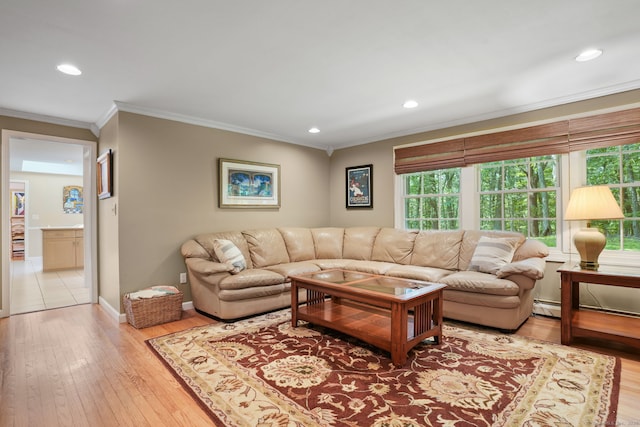14 Inverness Rd, Trumbull, CT 06611 - living room with ornamental molding, light wood finished floors, healthy amount of natural light, recessed lighting, and a baseboard radiator