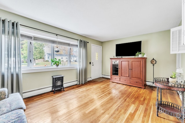 46 Jackson Rd, Enfield, CT 06082 - living room featuring light wood finished floors, a baseboard radiator, and a wood stove
