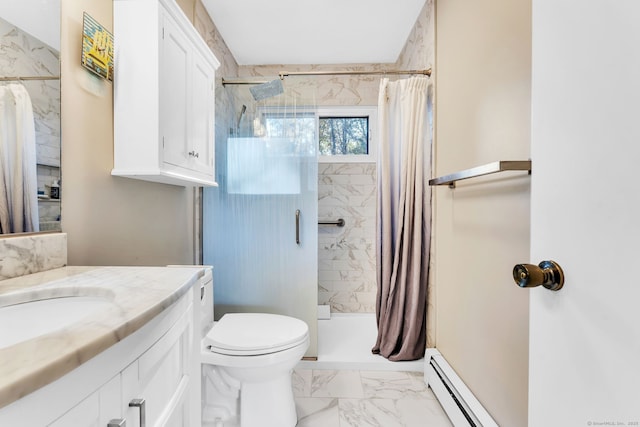 46 Jackson Rd, Enfield, CT 06082 - bathroom featuring vanity, baseboard heating, marble finish flooring, and a shower with shower curtain