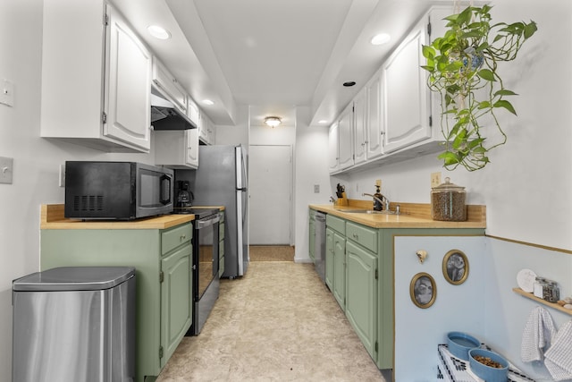 8 Carlisle Ct Unit 8, Brookfield, CT 06804 - kitchen featuring appliances with stainless steel finishes, green cabinets, wooden counters, recessed lighting, and white cabinetry