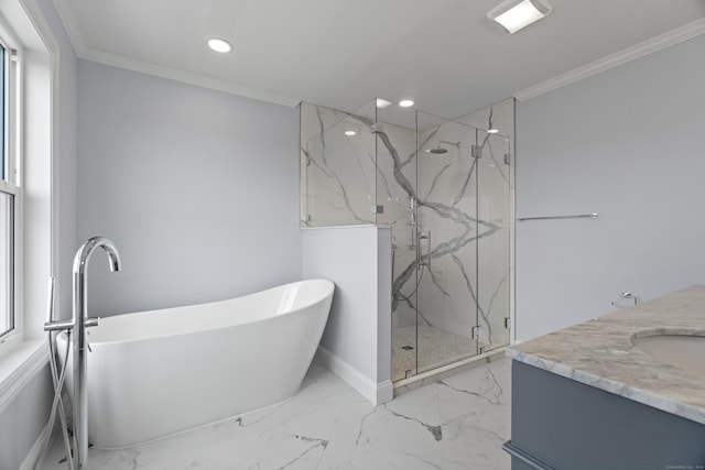 26 Meadowood Ln, Old Saybrook, CT 06475 - bathroom with vanity, a marble finish shower, a freestanding bath, ornamental molding, and marble tiled flooring