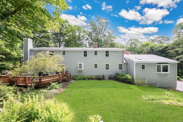 431 Fan Hill Rd, Monroe, CT 06468 - back of property featuring a chimney, a wooden deck, and a yard
