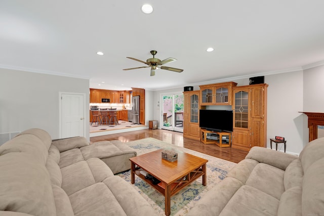 431 Fan Hill Rd, Monroe, CT 06468 - living room featuring ornamental molding, recessed lighting, light wood finished floors, and ceiling fan