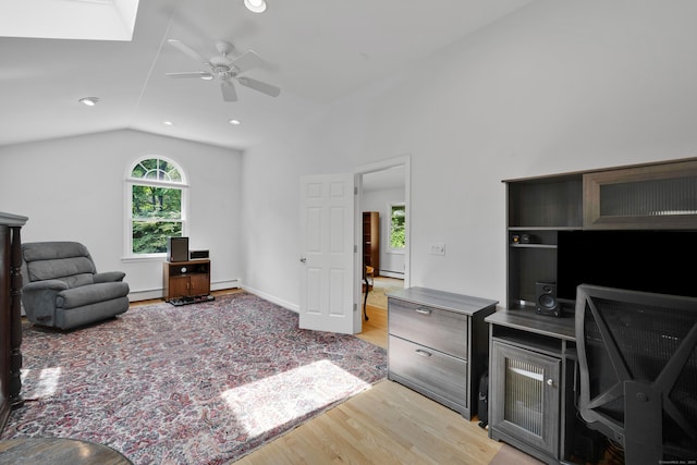 431 Fan Hill Rd, Monroe, CT 06468 - office featuring a ceiling fan, light wood-style flooring, baseboard heating, lofted ceiling, and recessed lighting
