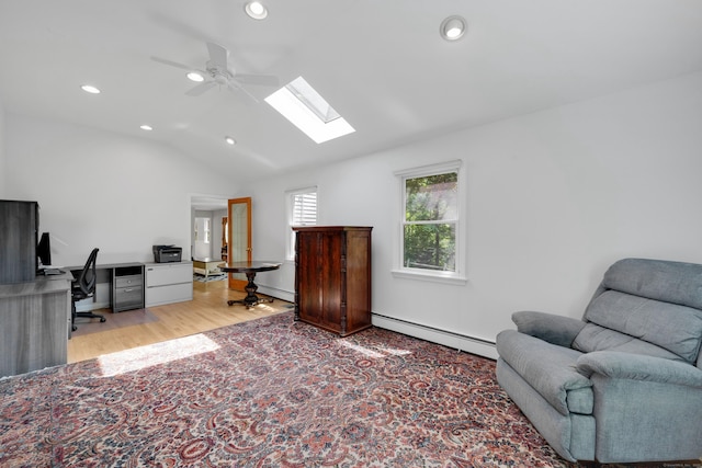 431 Fan Hill Rd, Monroe, CT 06468 - office featuring a baseboard heating unit, a skylight, vaulted ceiling, a ceiling fan, and recessed lighting