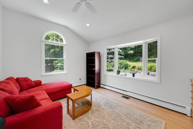 431 Fan Hill Rd, Monroe, CT 06468 - living room featuring a baseboard heating unit, wood finished floors, lofted ceiling, ceiling fan, and recessed lighting