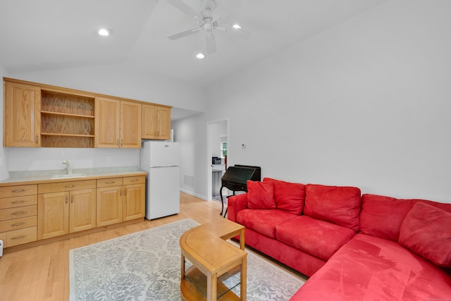431 Fan Hill Rd, Monroe, CT 06468 - living room with light wood-style flooring, a ceiling fan, recessed lighting, and high vaulted ceiling