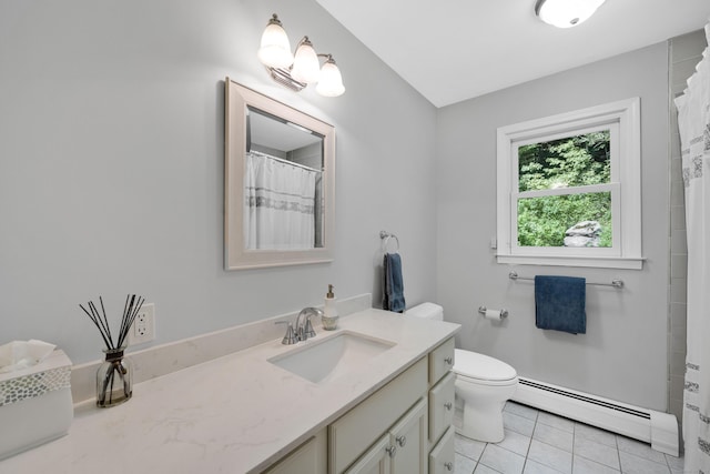 431 Fan Hill Rd, Monroe, CT 06468 - bathroom with baseboard heating, tile patterned floors, vanity, and a shower with curtain