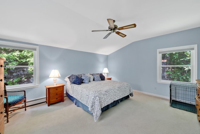 431 Fan Hill Rd, Monroe, CT 06468 - bedroom with vaulted ceiling, carpet floors, ceiling fan, and a baseboard heating unit