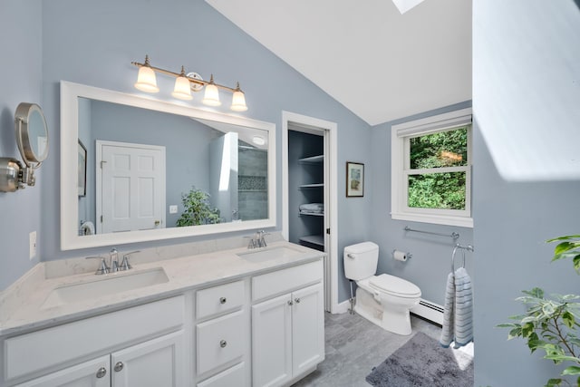 431 Fan Hill Rd, Monroe, CT 06468 - full bath featuring vaulted ceiling, double vanity, and a baseboard radiator