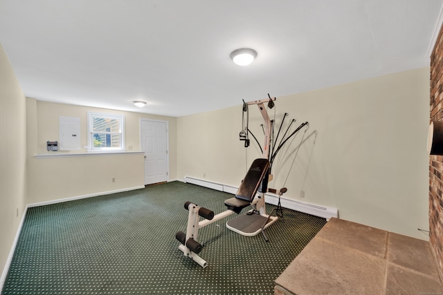 431 Fan Hill Rd, Monroe, CT 06468 - exercise room featuring dark carpet and a baseboard heating unit