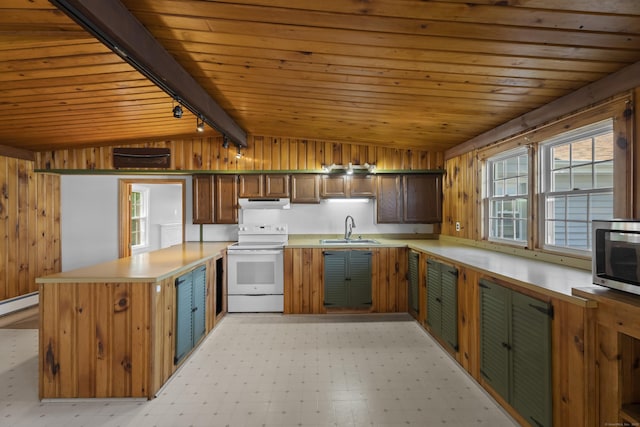 538 Quaddick Rd, Thompson, CT 06277 - kitchen featuring white electric stove, rail lighting, stainless steel microwave, a peninsula, and wooden ceiling