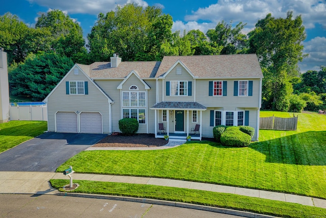 56 Stagecoach Cir, Milford, CT 06460 - view of front facade featuring asphalt driveway, a chimney, a porch, and an attached garage