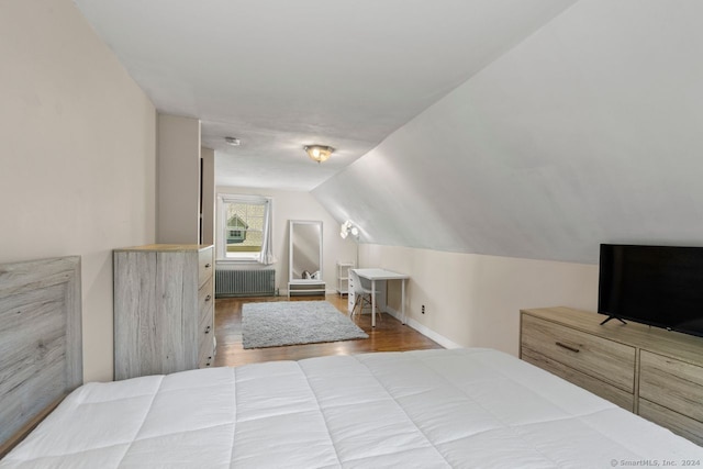 141 Cannon St, Hamden, CT 06518 - bedroom featuring radiator heating unit, wood finished floors, and lofted ceiling